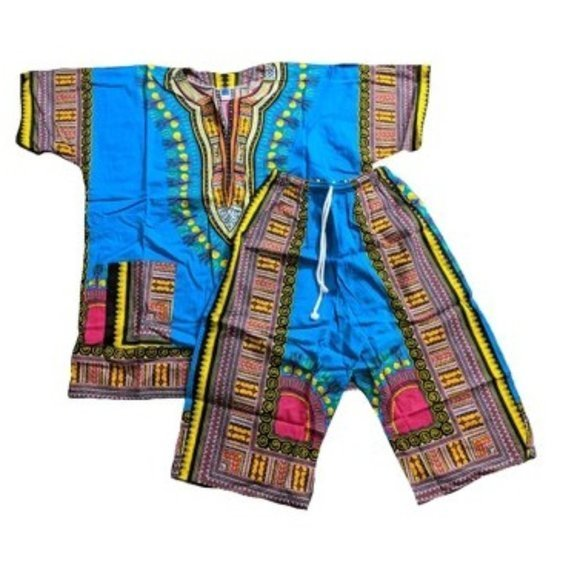 Dashiki Other - Unisex One Size African‎ Dashiki Shirt & Capri Pants 2pc. Set Blue, Pink, Yellow